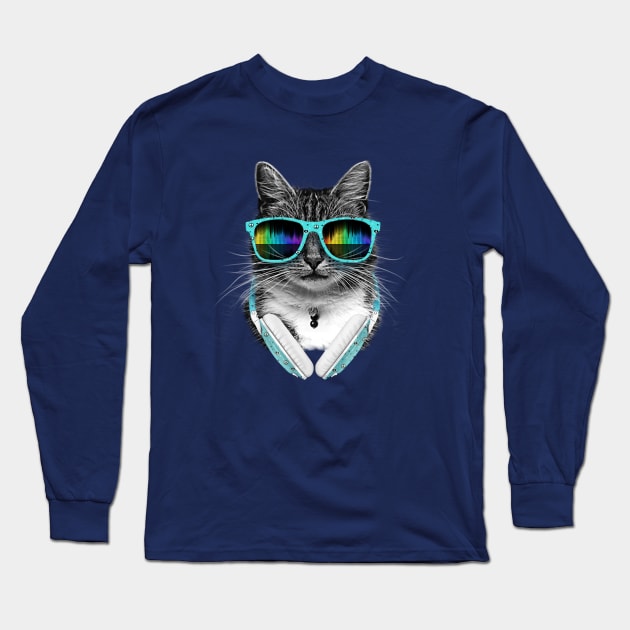 Cute cool cat Wearing Headphones and Sunglasses Long Sleeve T-Shirt by Juka